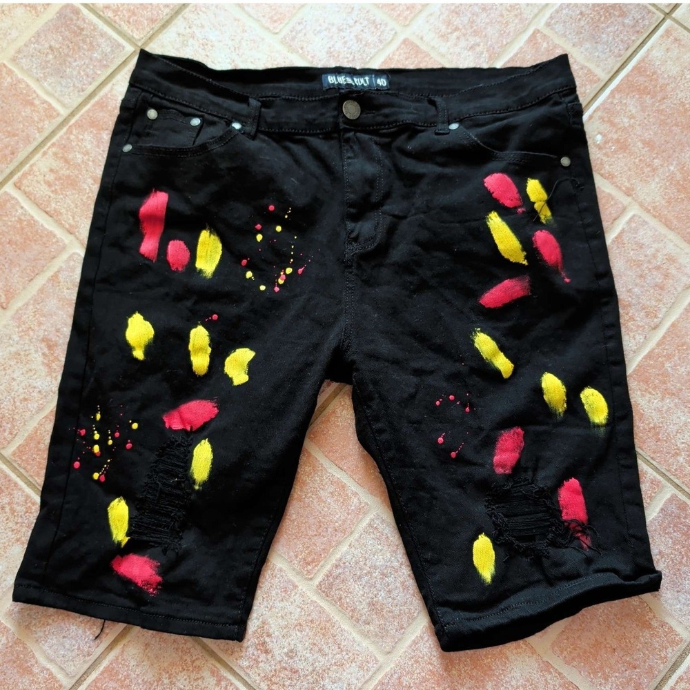 Blue Cult Denim Shorts Mens 40 Black Paint Splatter Distressed Ripped Edgy